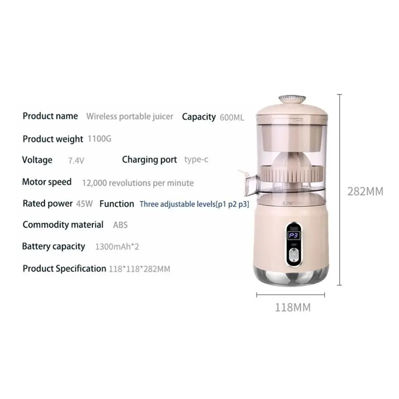 WHYY-USB Rechargeable Electric Orange Juicer Portable Citrus Fruit Juice Extractor 600Ml Smoothie Blender For Camping Home